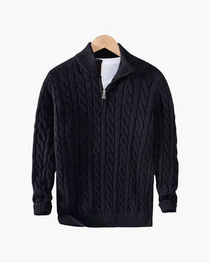 Cable-knit half-zip sweater with ribbed mock neck, cuffs and hem