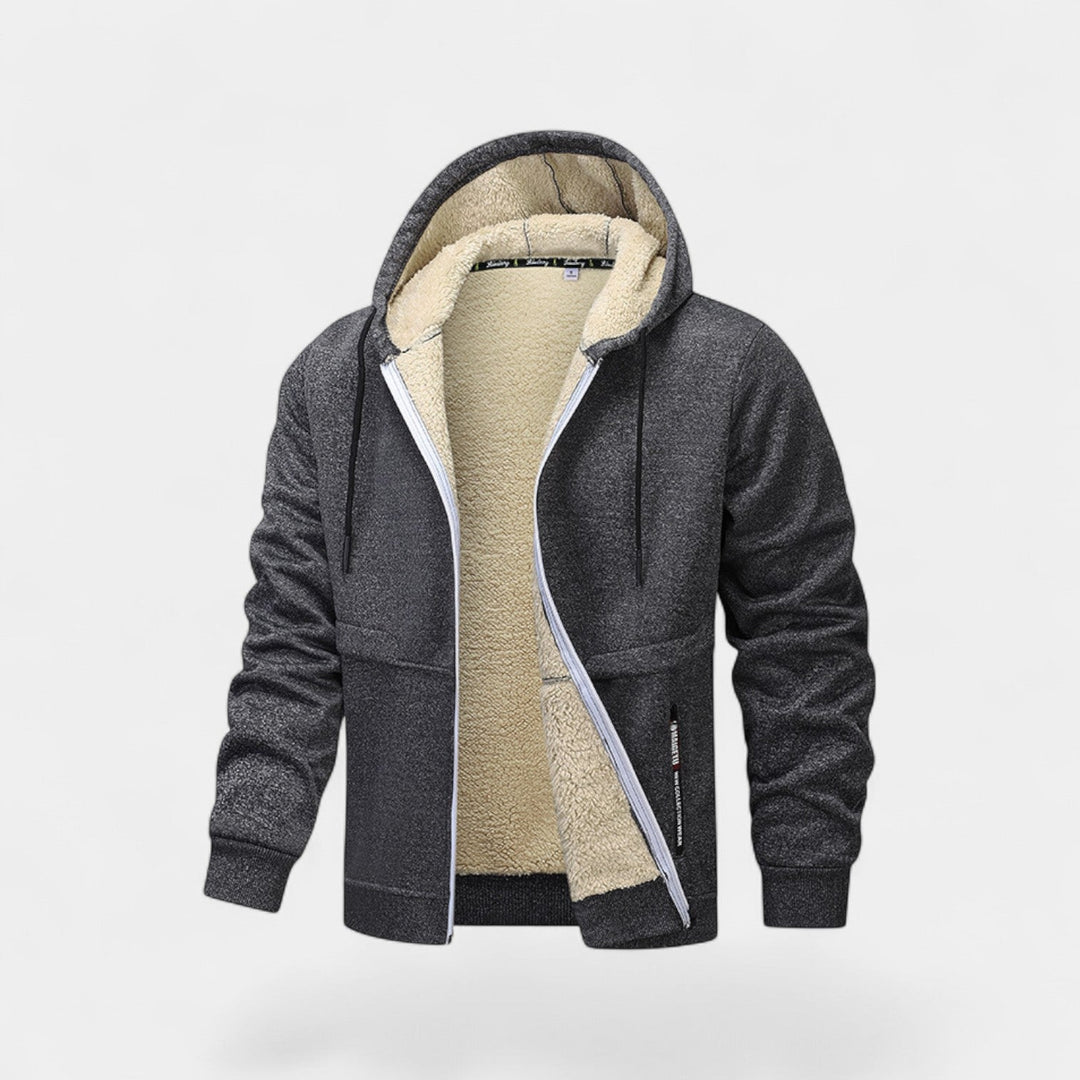 Men's hooded zip cardigan with fleece-style lining and ribbed trims