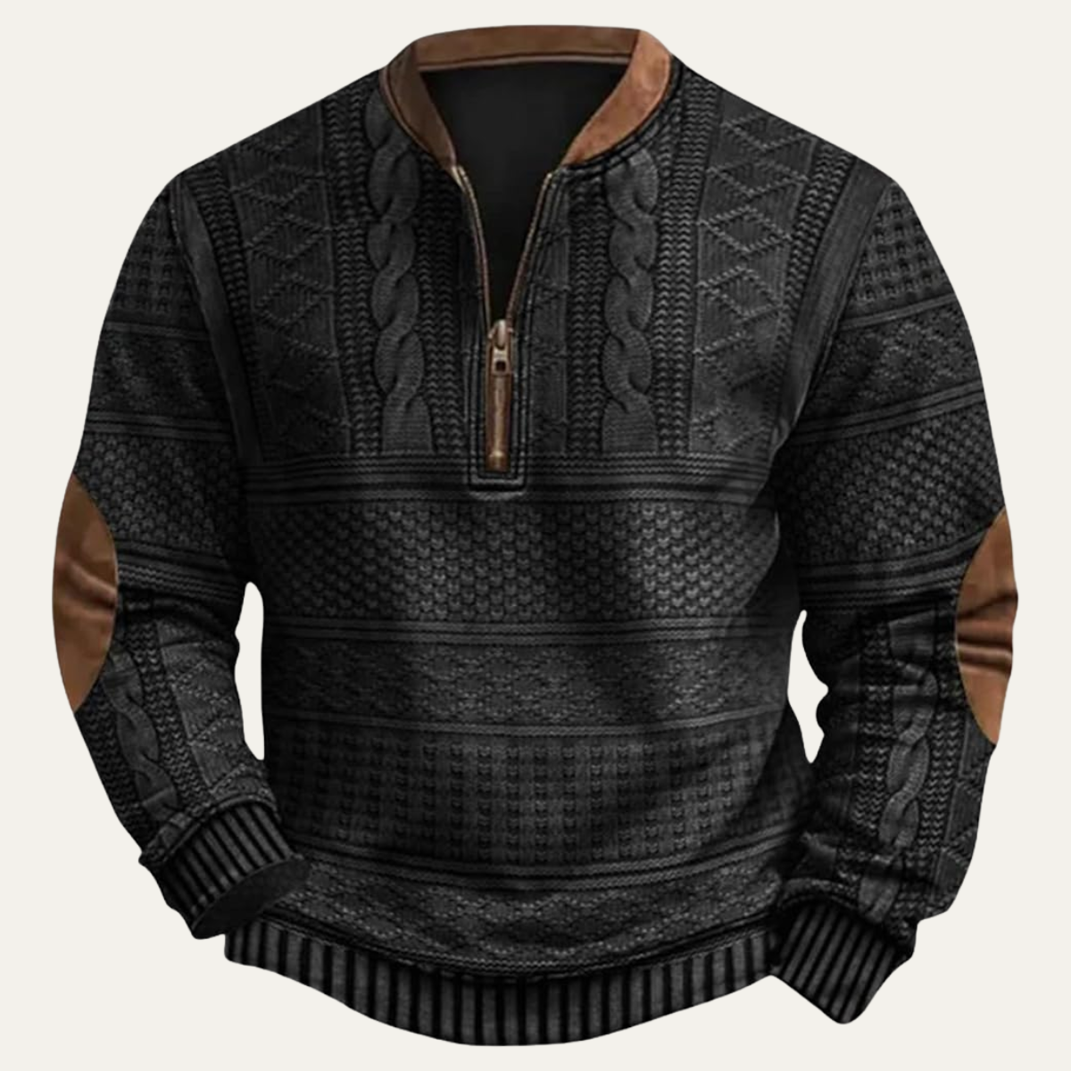 Men's textured half-zip sweater with mock neck and contrasting elbow patches