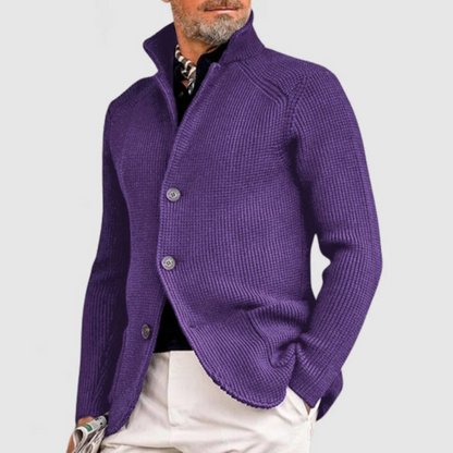 Men's knit cardigan with stand collar, buttons and patch pockets