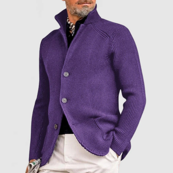 Men's knit cardigan with stand collar, buttons and patch pockets
