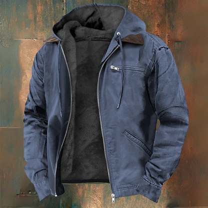 Men's hooded zip-up jacket with long sleeves, drawstring hood and multiple zipped pockets