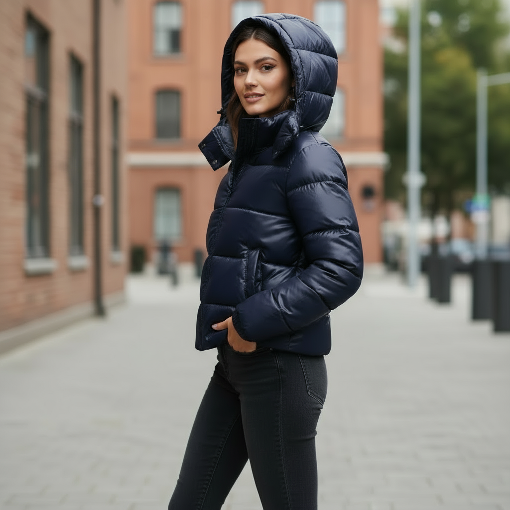 Hooded quilted puffer jacket with glossy finish and long sleeves