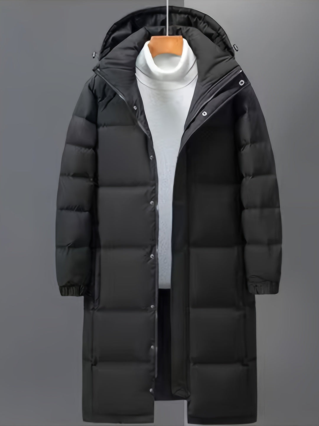Men's black long hooded puffer coat with quilted panels