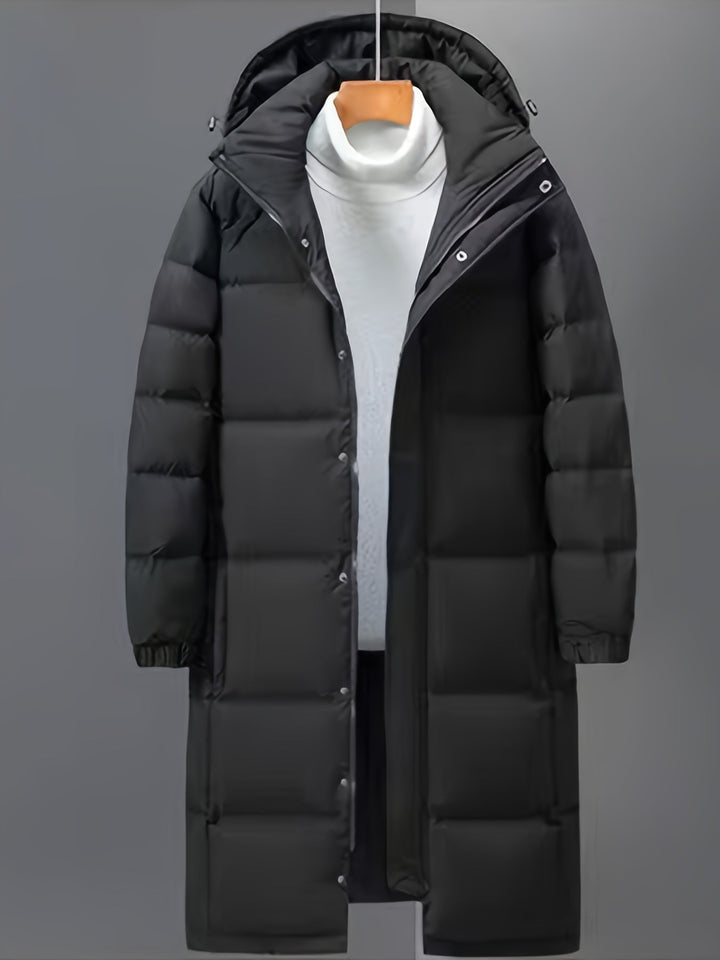 Men's black long hooded puffer coat with quilted panels