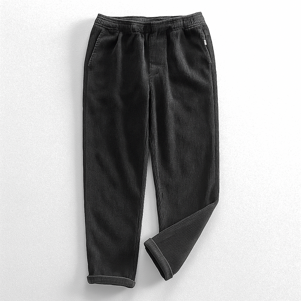 Corduroy pants with elastic waist, side pockets and tapered legs