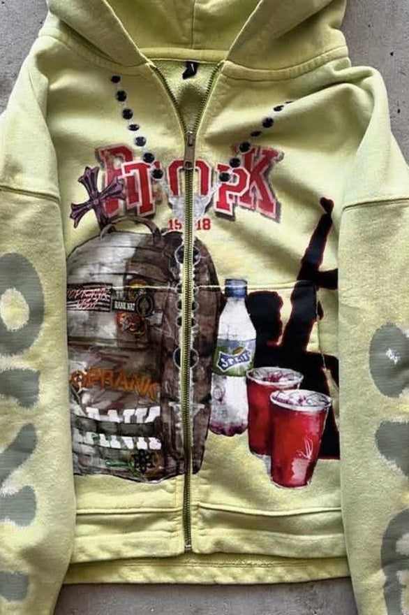 Yellow graffiti print zip hoodie