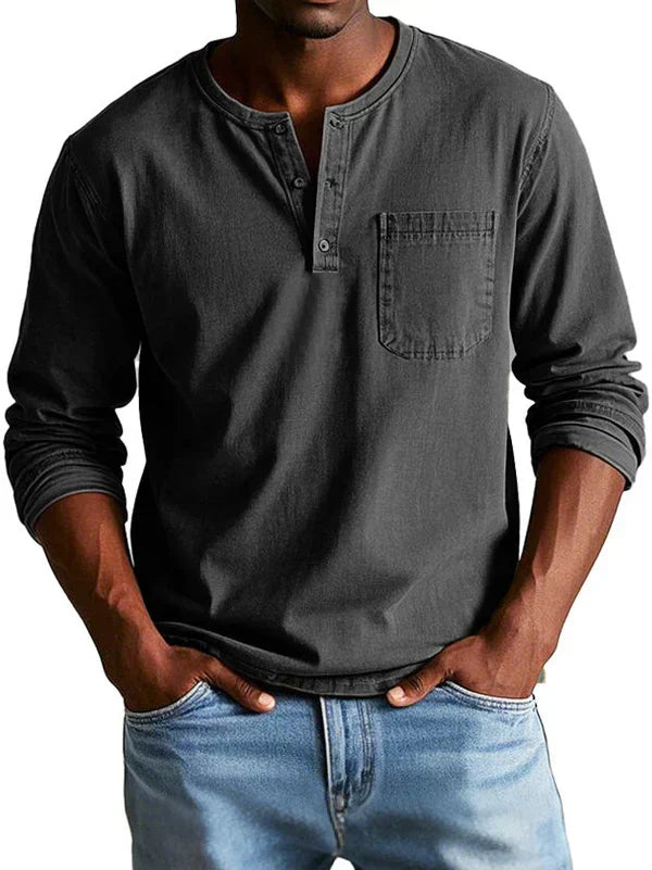 Men's long-sleeve Henley shirt with round neckline, button placket and chest pocket