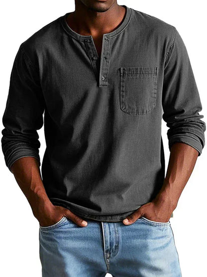 Men's long-sleeve Henley shirt with round neckline, button placket and chest pocket