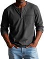 Men's long-sleeve Henley shirt with round neckline, button placket and chest pocket