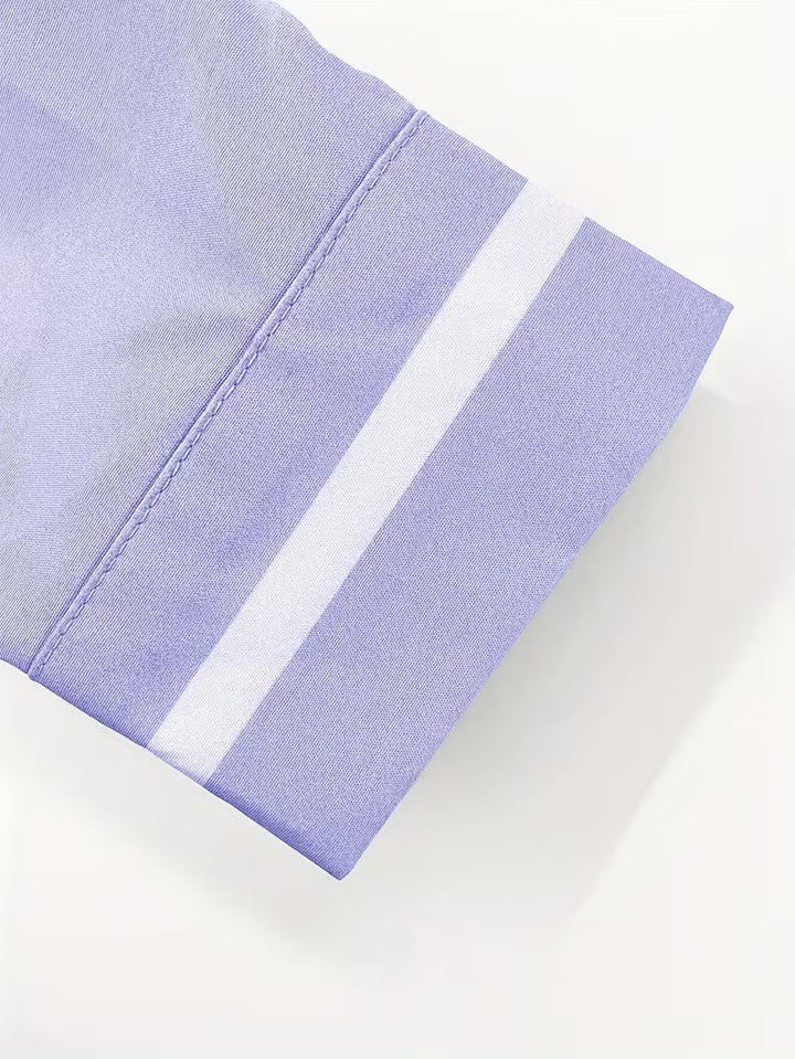 Men's lavender long sleeve grandad collar shirt with white contrast cuff and chest pocket trim