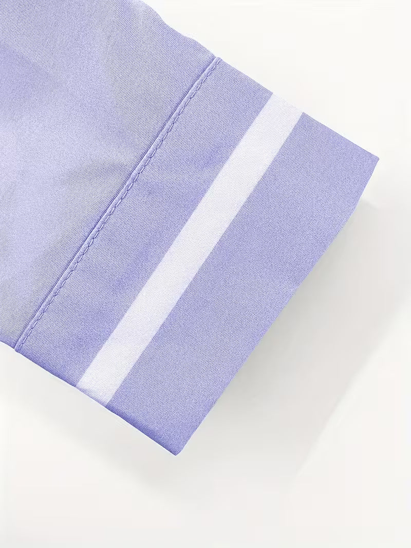 Men's purple grandad collar shirt with white contrast cuff trim and chest pocket