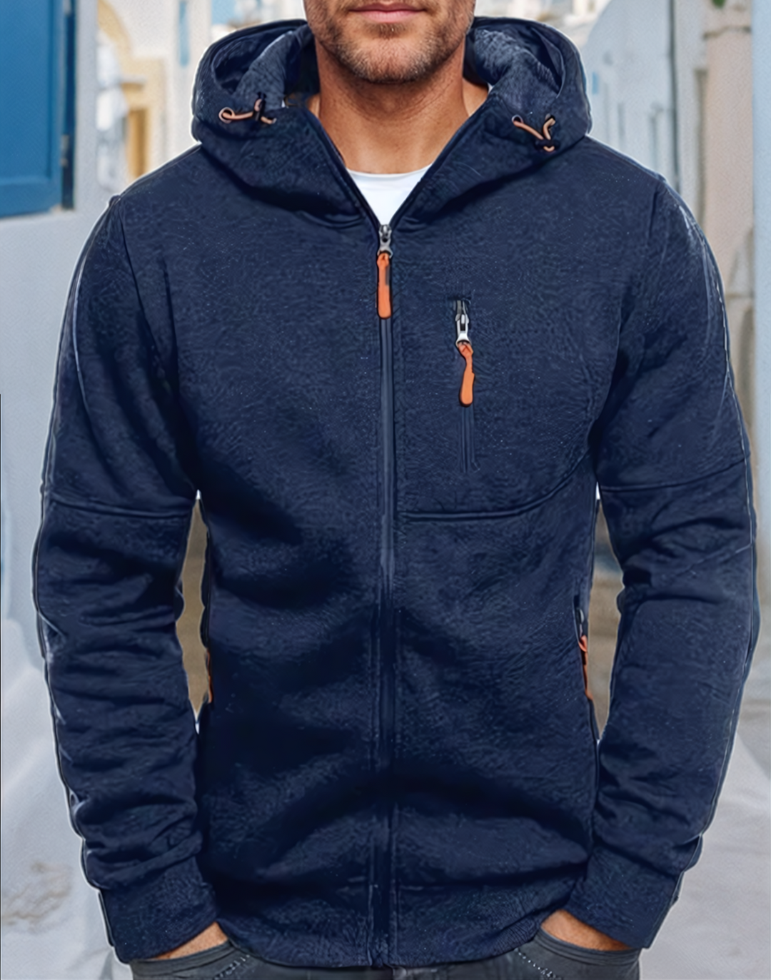 Men's hooded full-zip jacket with zipped chest and side pockets