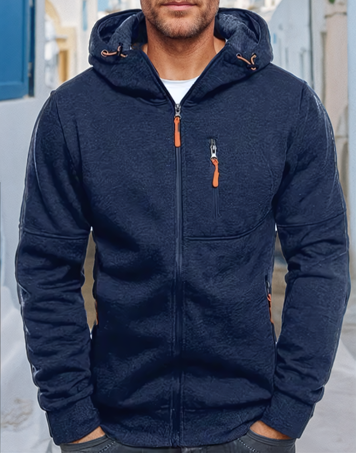 Men's hooded full-zip jacket with zipped chest and side pockets