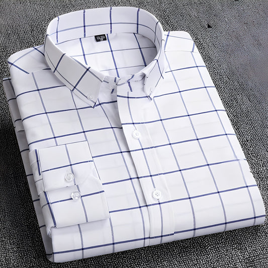 Men's long sleeve checked shirt with button-down collar and buttoned cuffs