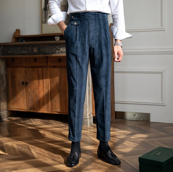 Men's corduroy pleated trousers with high-rise wide legs