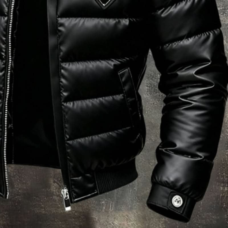 Men's black quilted puffer jacket with high collar and front zip