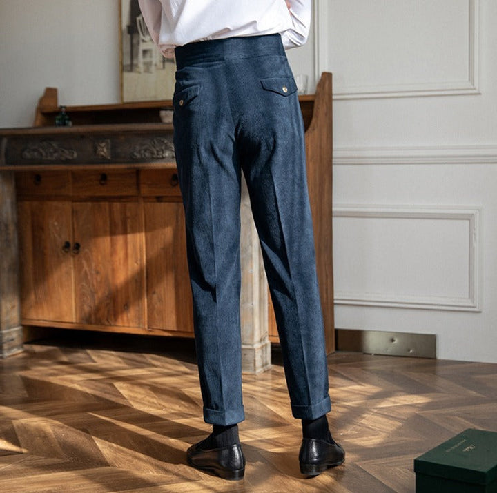 Men's corduroy pleated trousers with high-rise wide legs