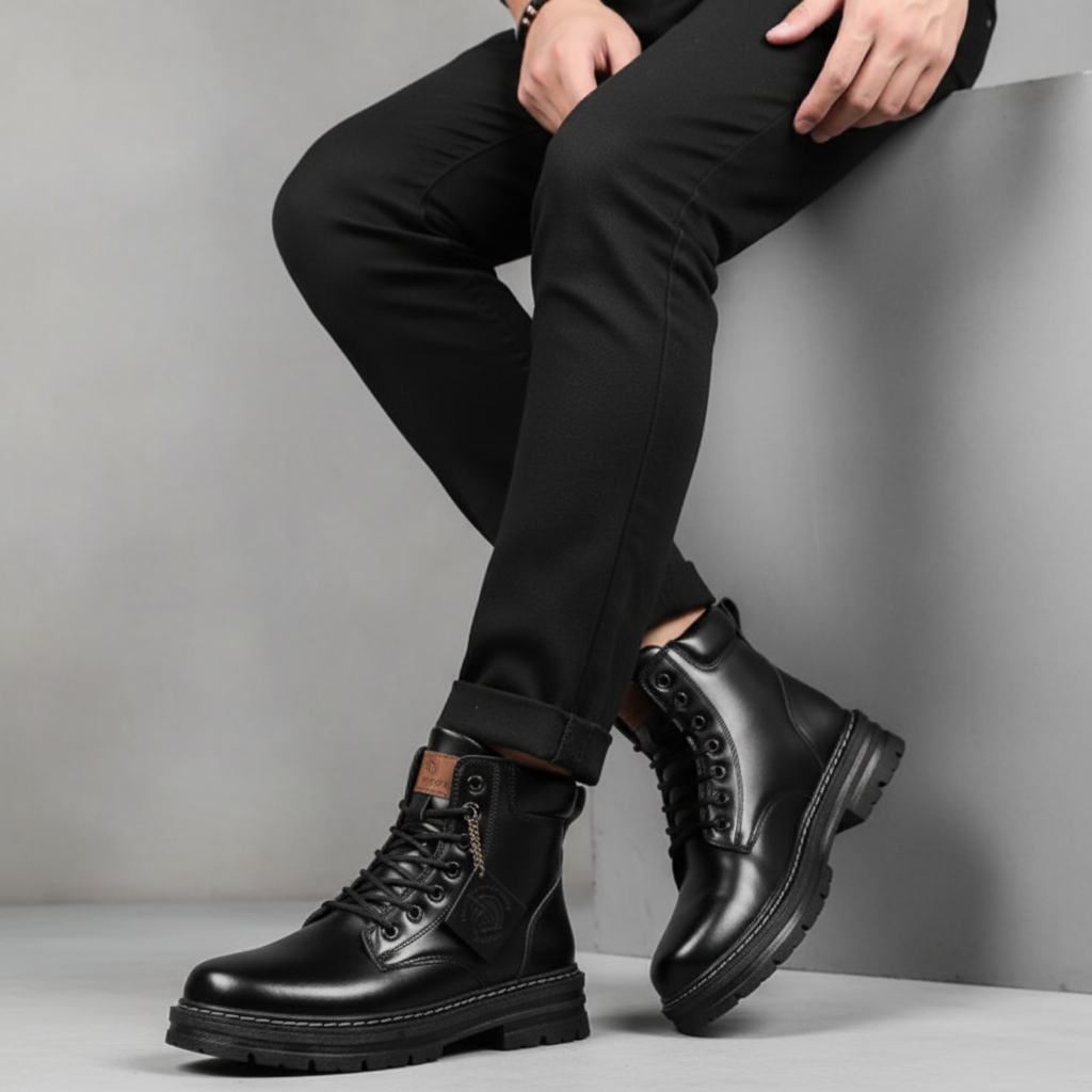 Men's lace-up ankle boots with round toes, padded collars and lugged soles