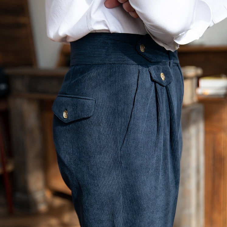 Men's corduroy pleated trousers with high-rise wide legs