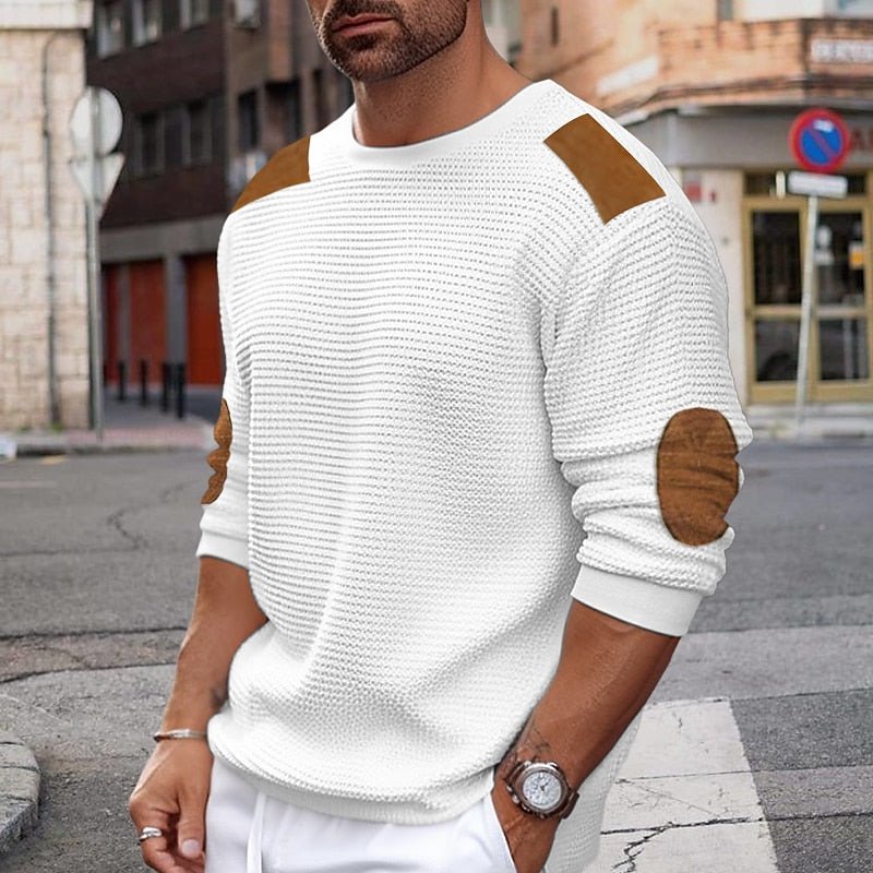 Men's white textured knit sweater with brown contrast shoulder and elbow patches