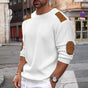 Men's white textured knit sweater with brown contrast shoulder and elbow patches