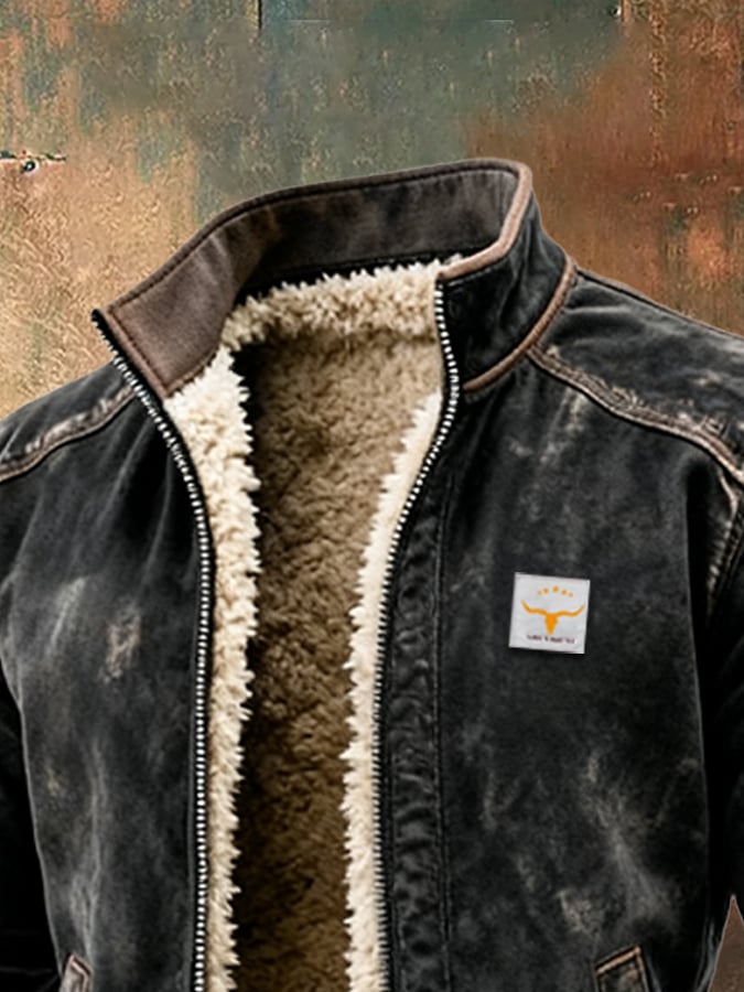 Warm-lined men's aviator jacket with stand collar, zip front and ribbed trims