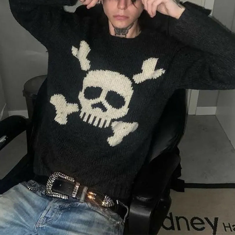 Men's black knitted sweater with cream skull and crossbones motif