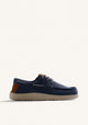 Navy Wallabee loafers with grey laces, brown heel detail and flat textured soles