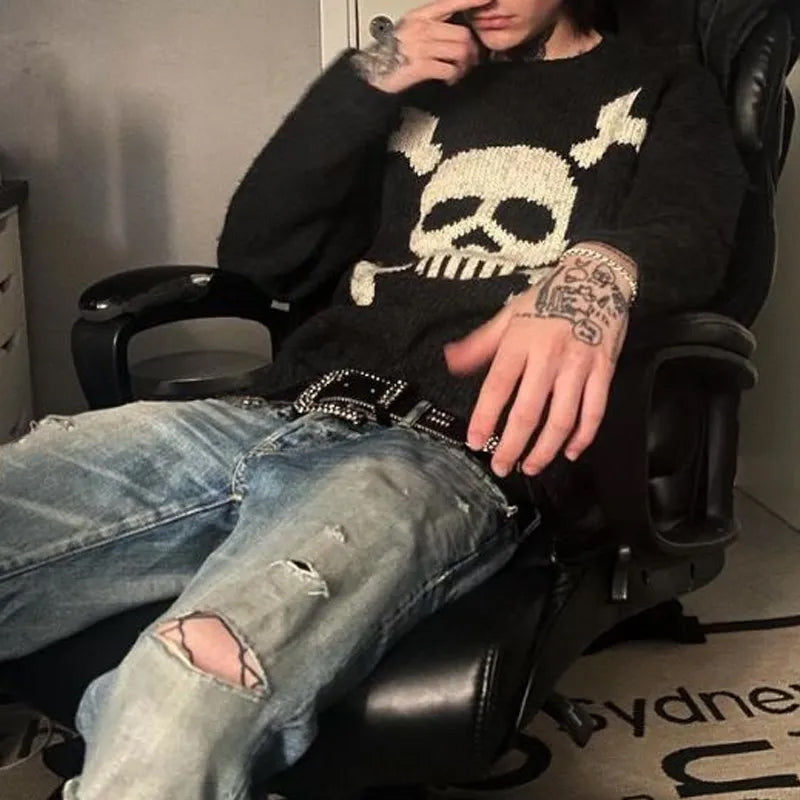 Men's black knitted sweater with cream skull and crossbones motif