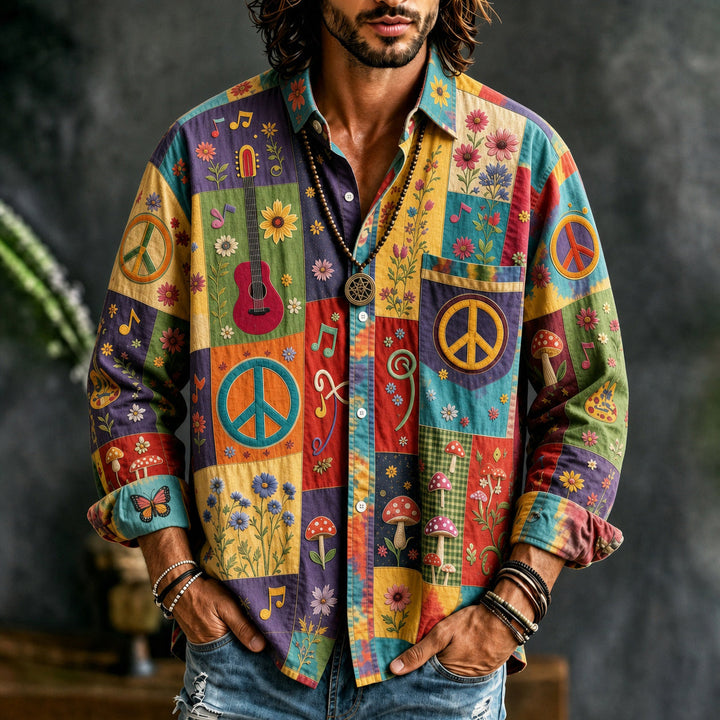 Men's colourful patchwork shirt with peace signs, guitars and floral motifs