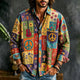 Men's colourful patchwork shirt with peace signs, guitars and floral motifs