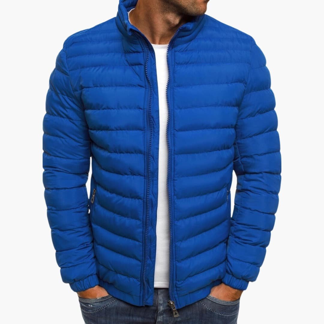 Men's quilted puffer jacket with stand collar, long sleeves and zipped pockets