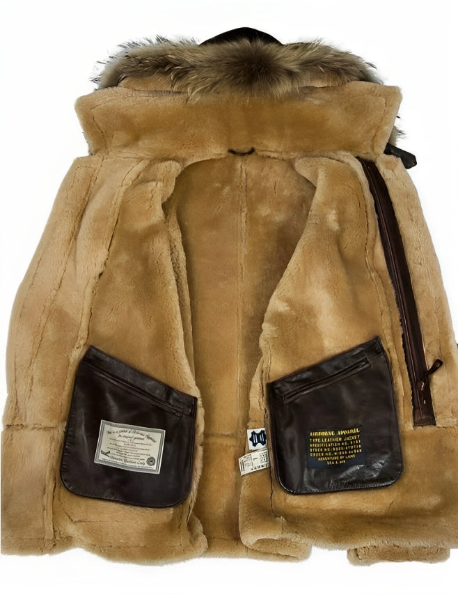 Men's dark brown hooded jacket with tan shearling-style trim and buckle front