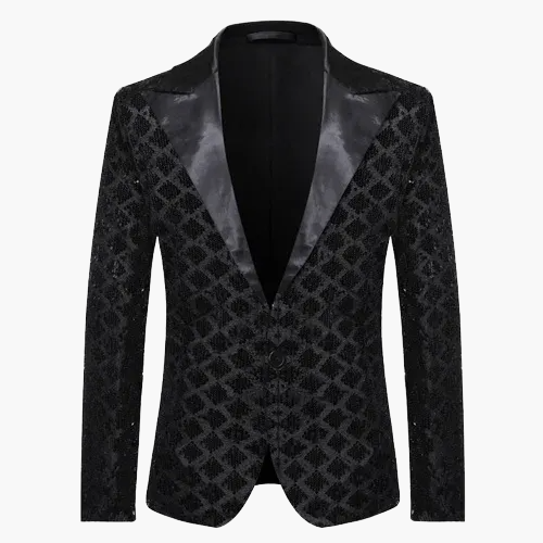 Men's geometric diamond sequin blazer with peaked lapels and long sleeves