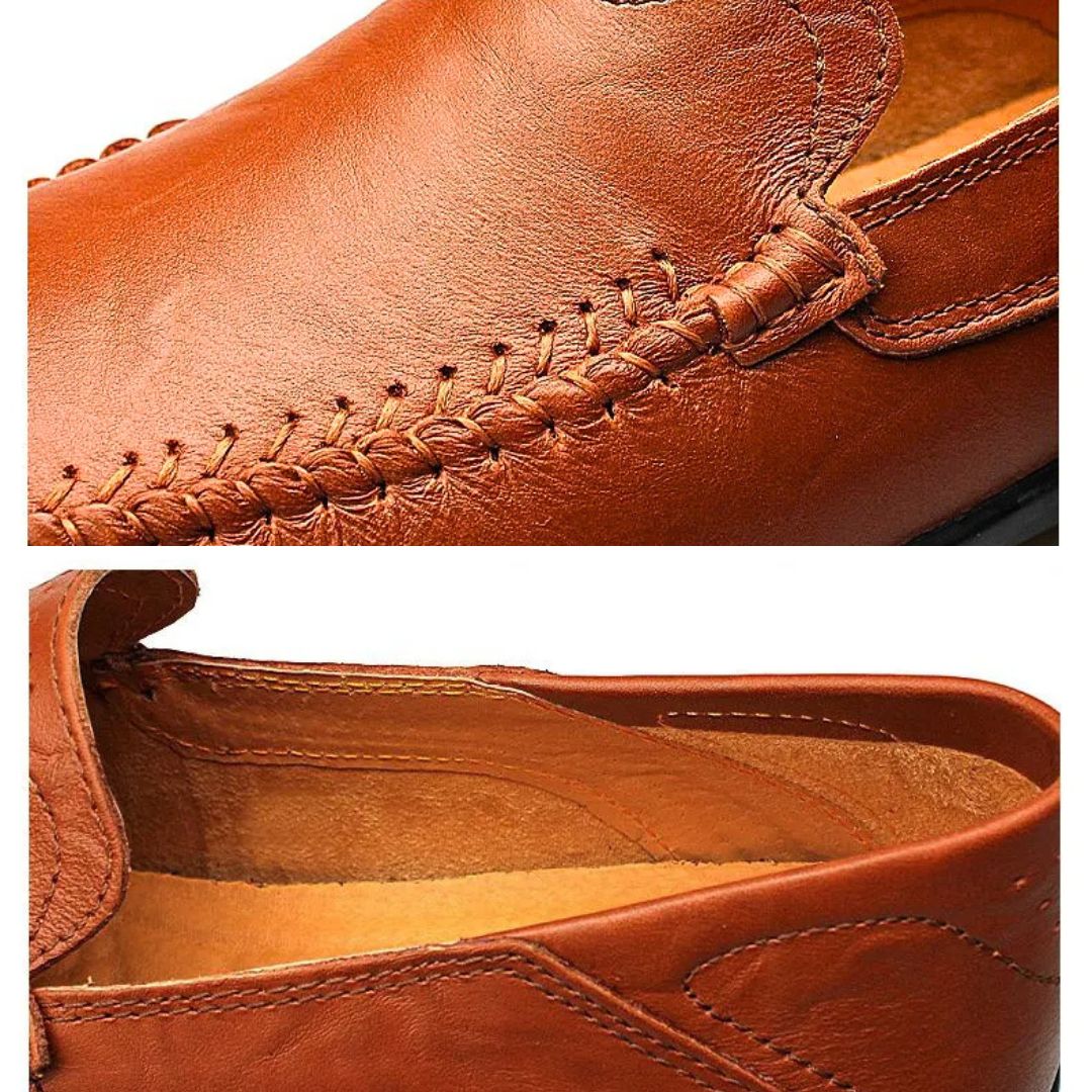Men's slip-on loafer with moccasin stitching, perforated detail and textured flat sole