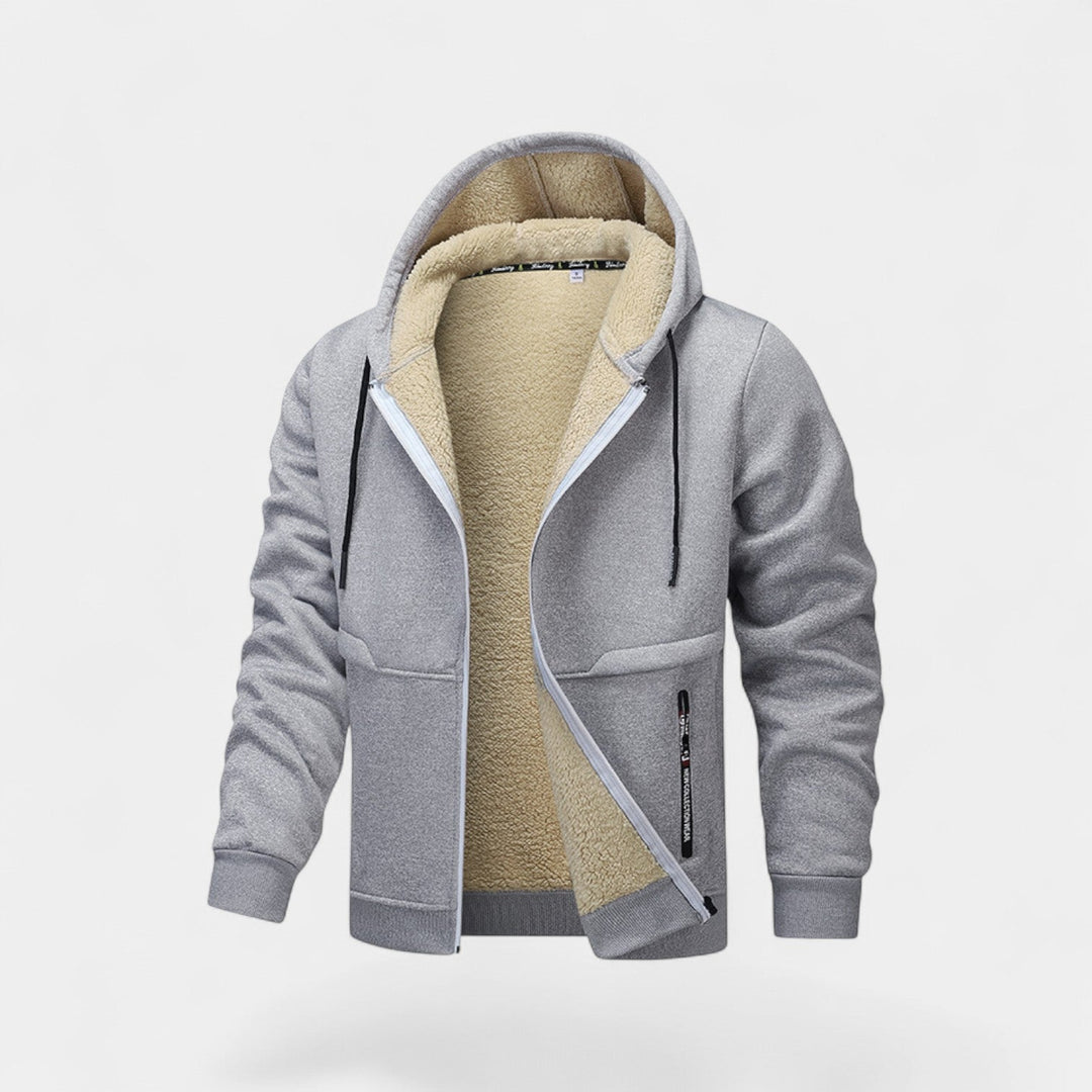 Men's hooded zip cardigan with fleece-style lining and ribbed trims