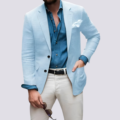 Men's button front blazer with notched lapels, long sleeves and flap pockets