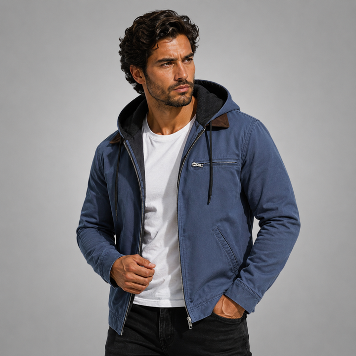 Men's hooded fleece-lined winter jacket with zip pockets