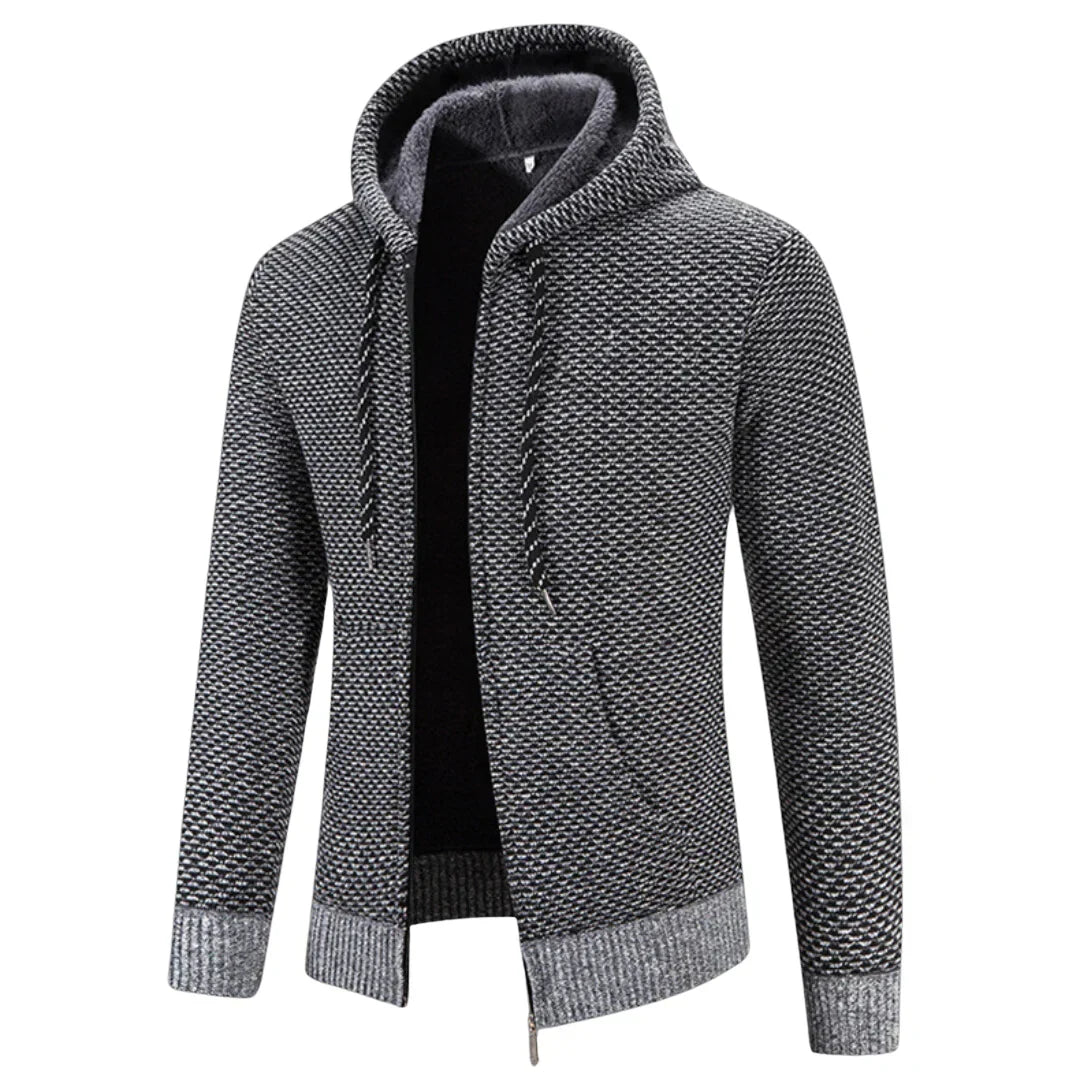 Men's textured knit hooded cardigan with full-zip front and front pockets