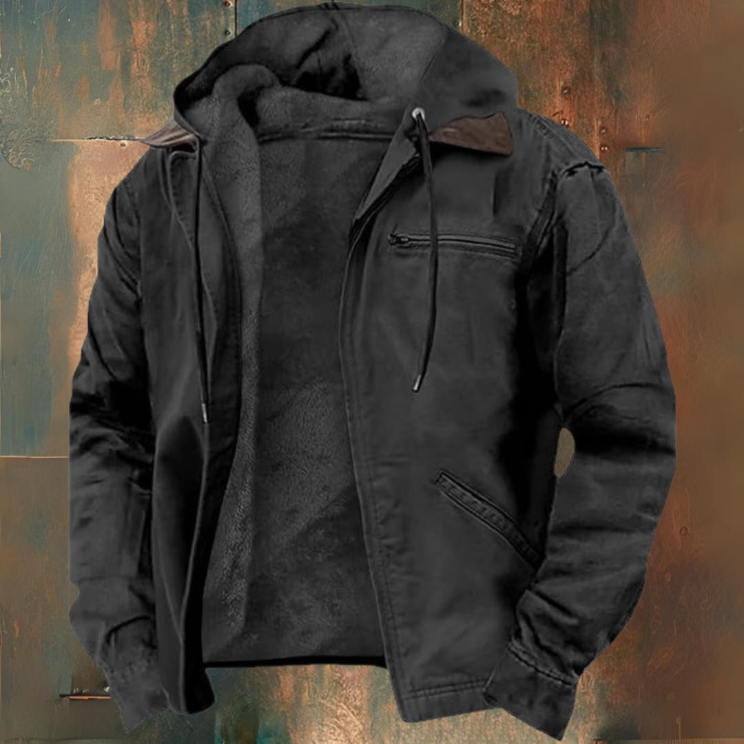 Men's hooded zip-up jacket with long sleeves, drawstring hood and multiple zipped pockets
