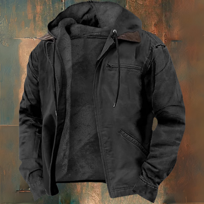 Men's hooded zip-up jacket with long sleeves, drawstring hood and multiple zipped pockets