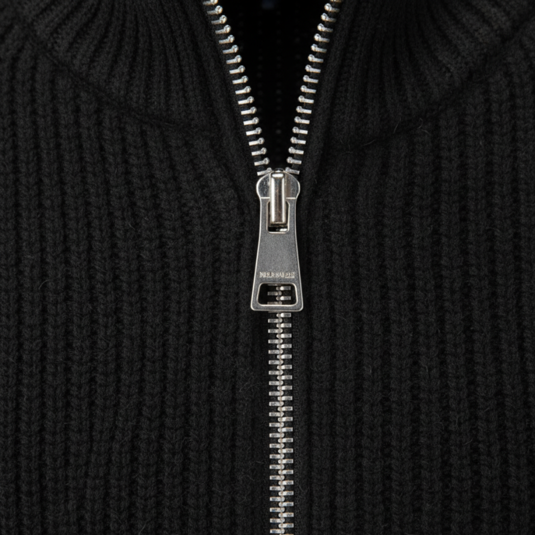 Men's ribbed knit cardigan with stand collar and full zip