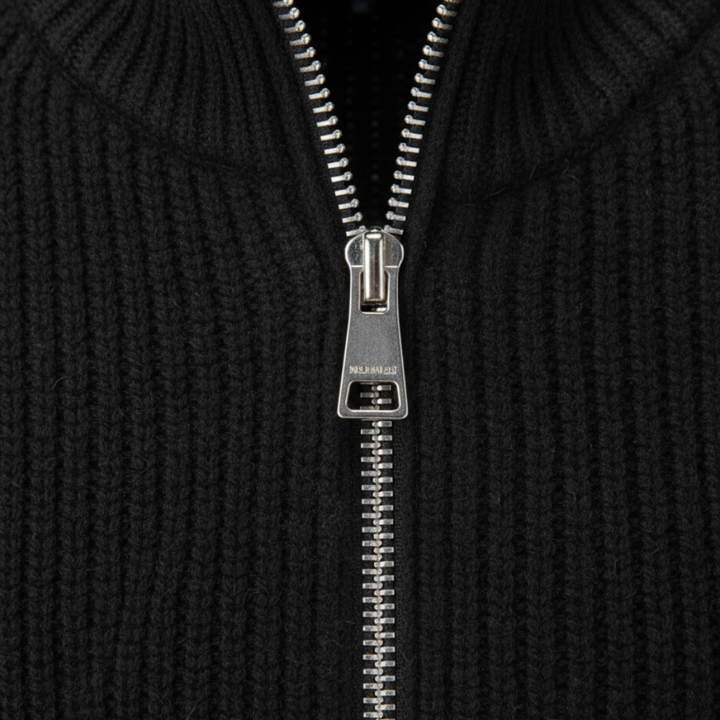 Men's ribbed knit cardigan with stand collar and full zip
