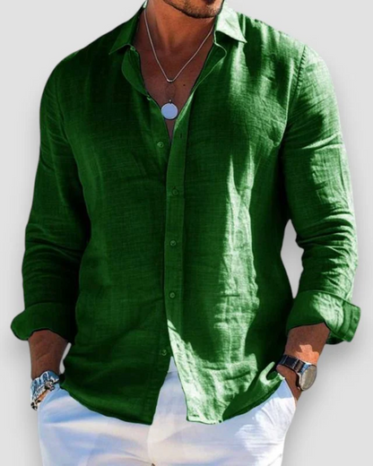 Men's long-sleeve button shirt with open collar and rolled cuffs