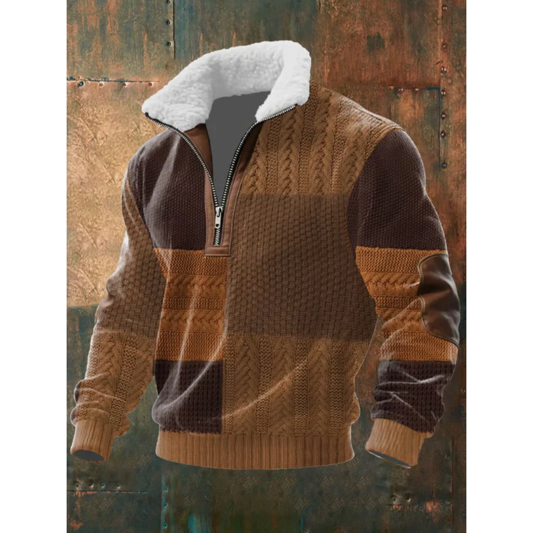 Men's textured half-zip sweater with mock neck, long sleeves and ribbed trims