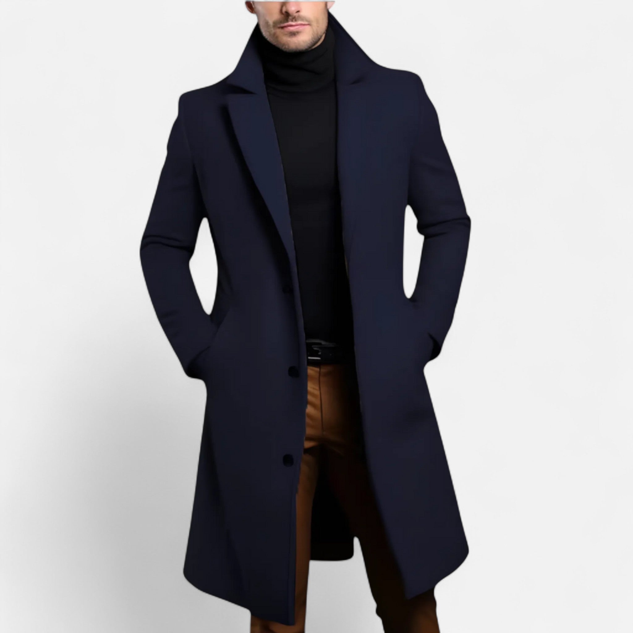 Men's long coat with notched lapels, button front and side pockets