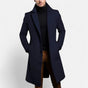 Men's long coat with notched lapels, button front and side pockets