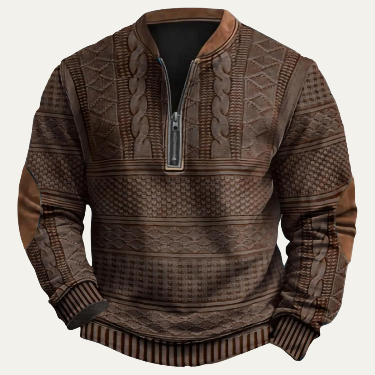 Men's textured half-zip sweater with mock neck and contrasting elbow patches