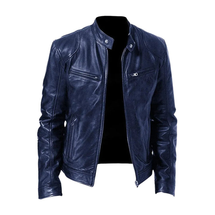 Men's zip front jacket with stand collar and multiple zipped pockets